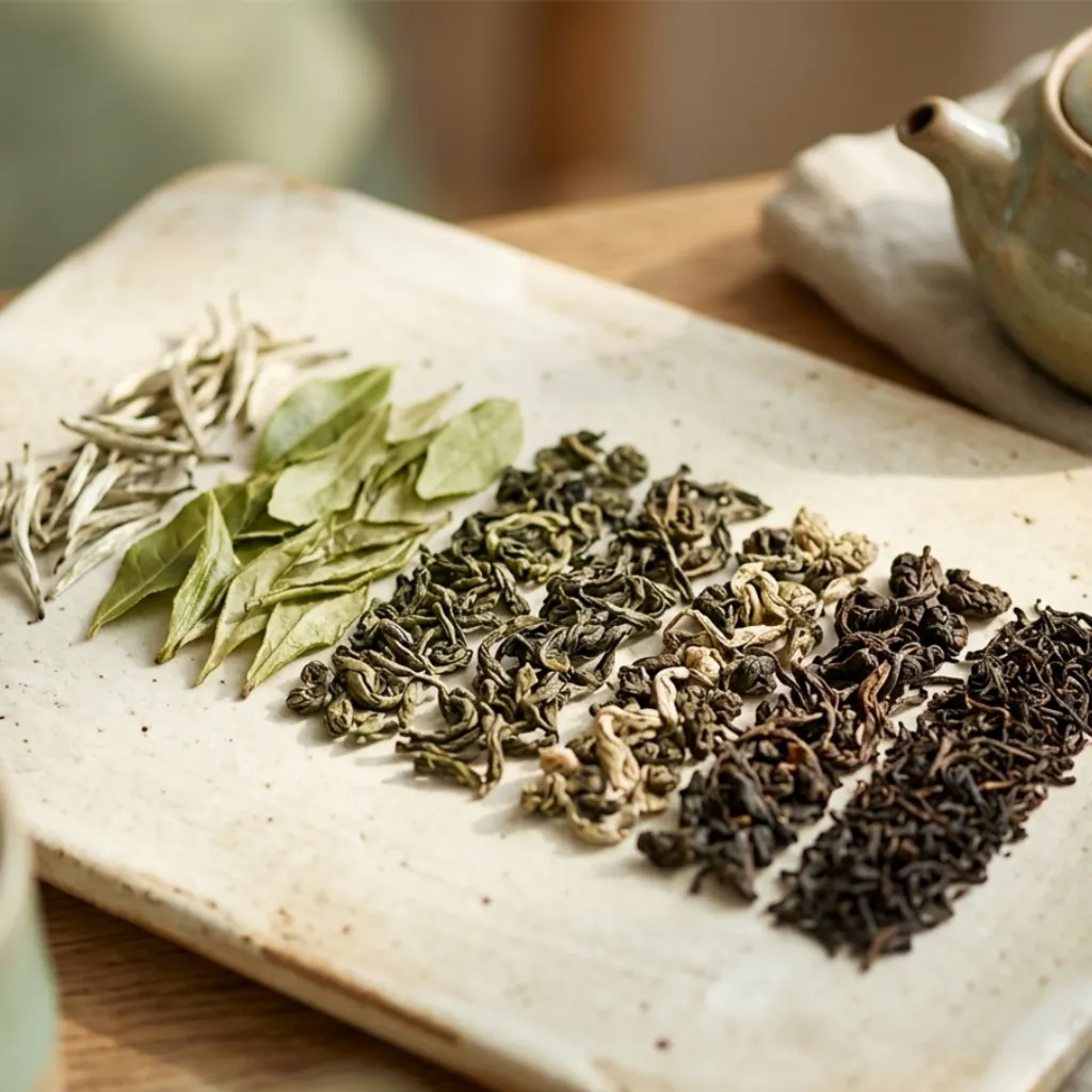 Different kinds of dry tea leaf laid out side by side