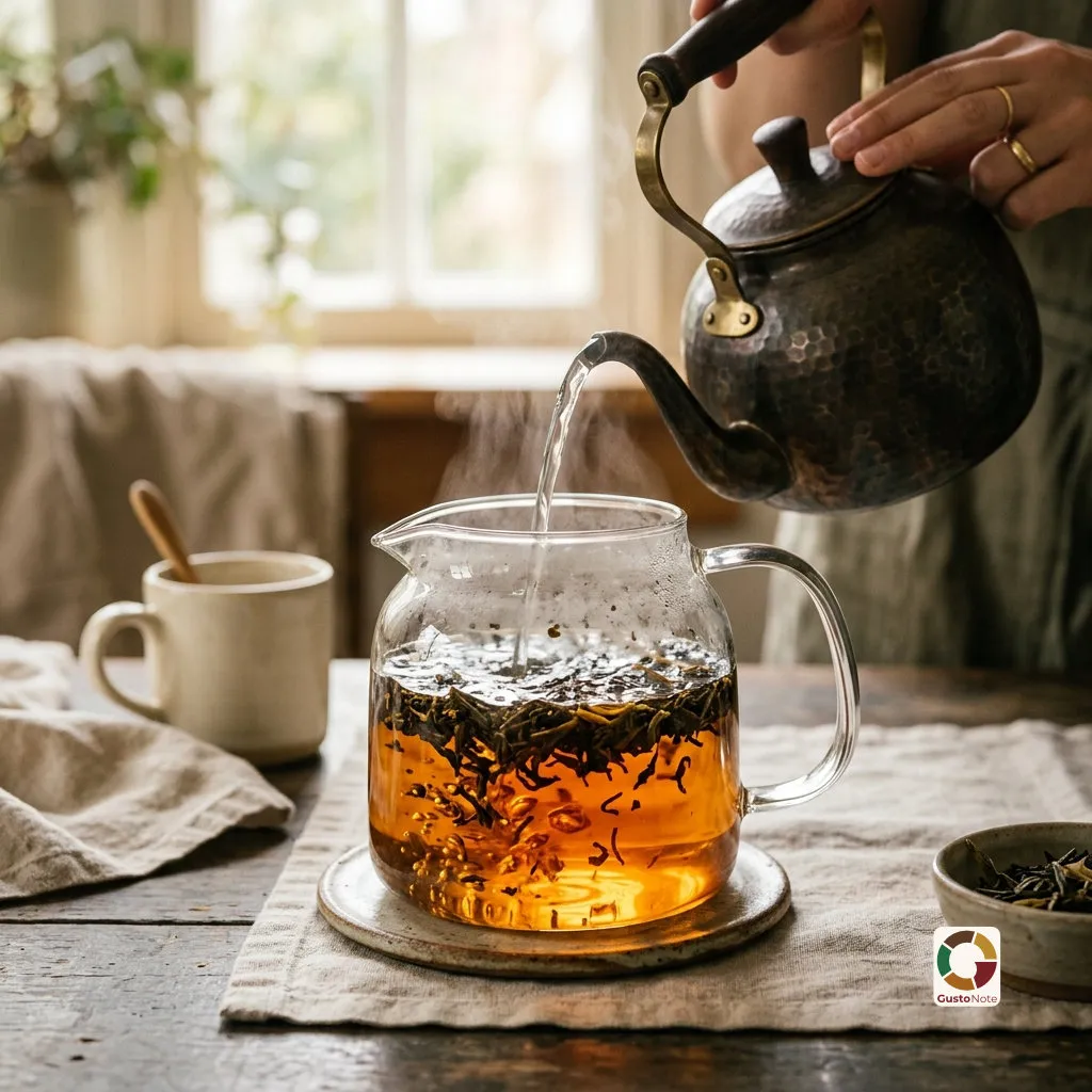 Water being poured from a kettle onto tea leaves