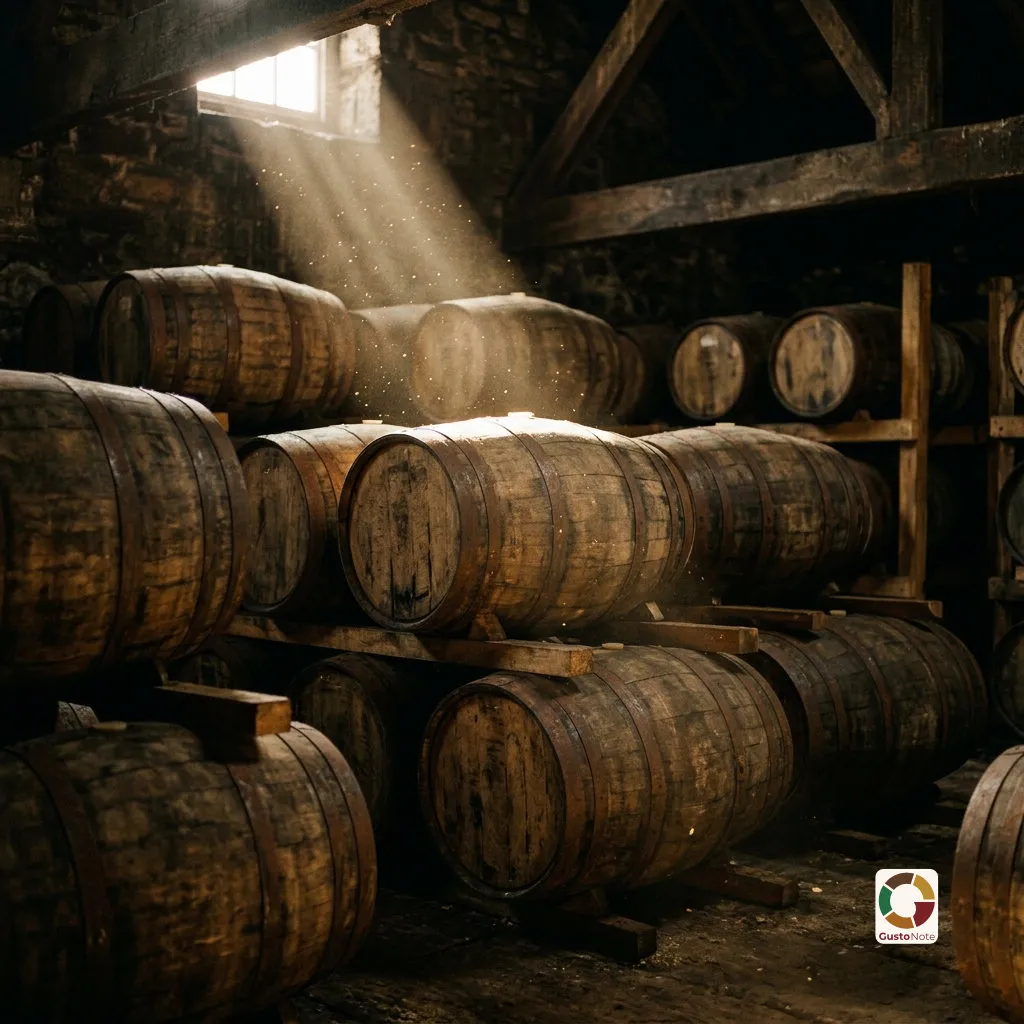 Whisky barrels maturing in a dark warehouse