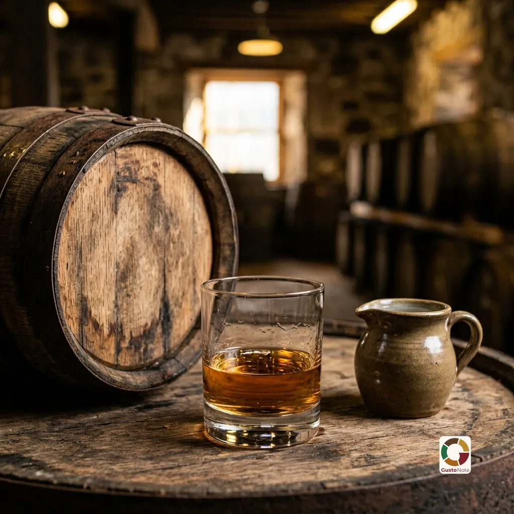A glass of whisky beside a cask and a water jug