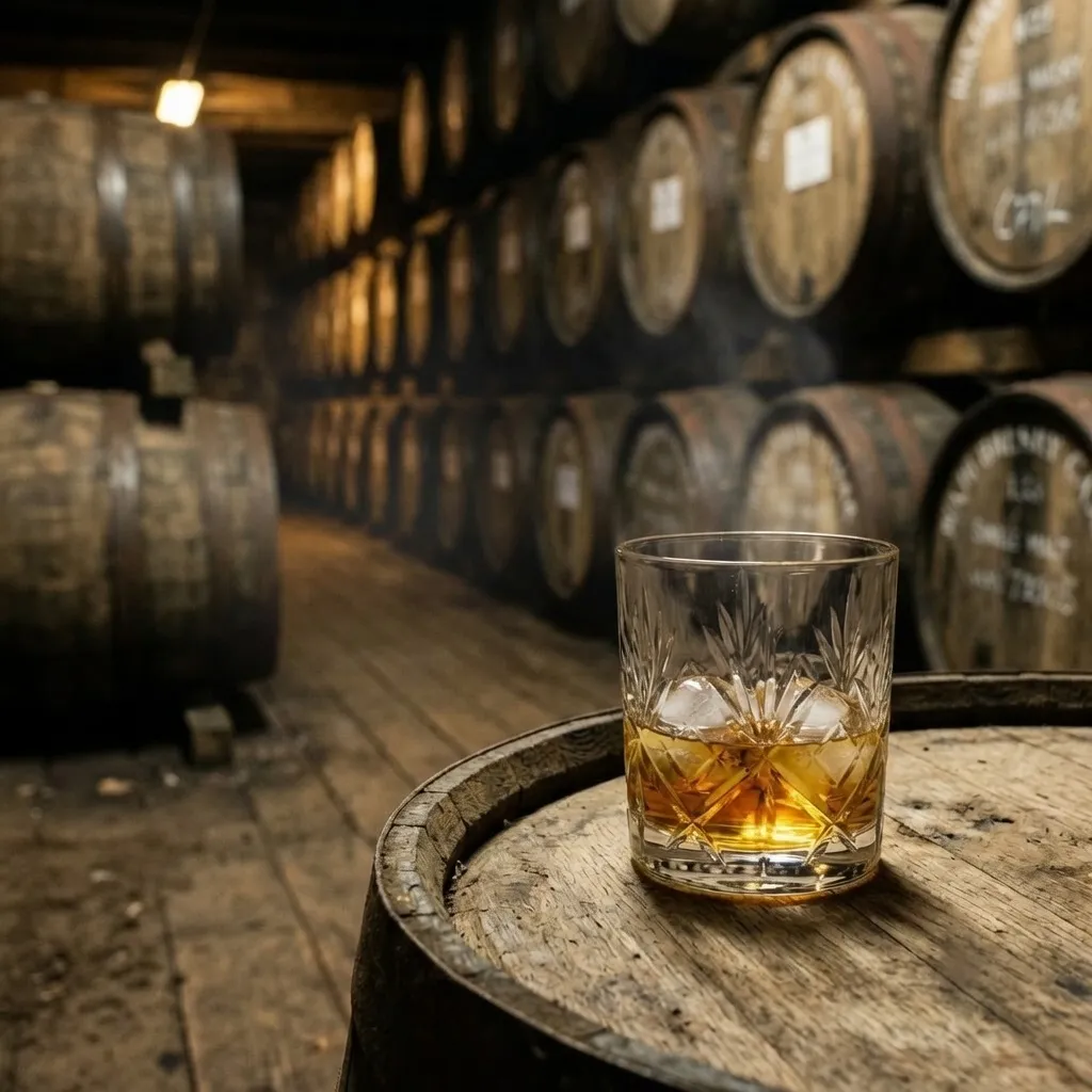 Oak casks maturing in a whisky warehouse