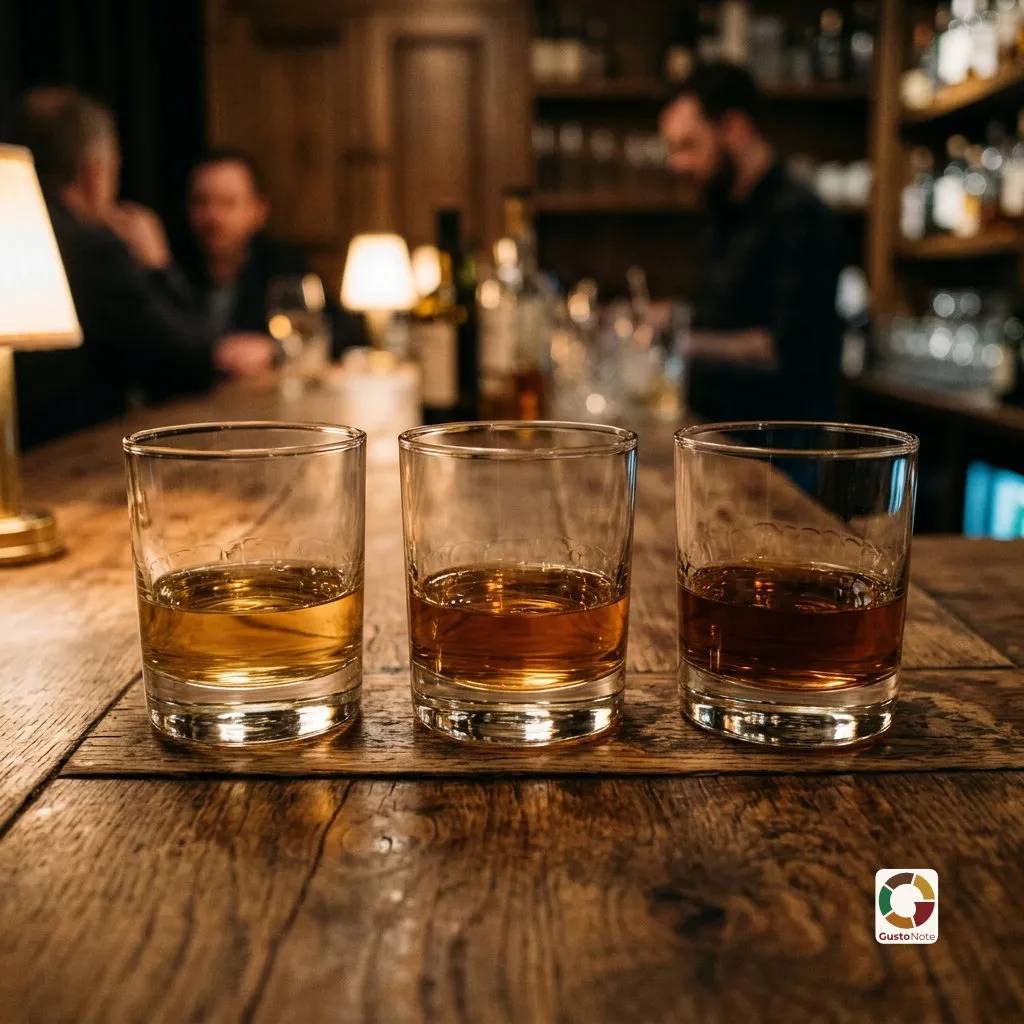 A glass of whisky and a bottle on a wooden top
