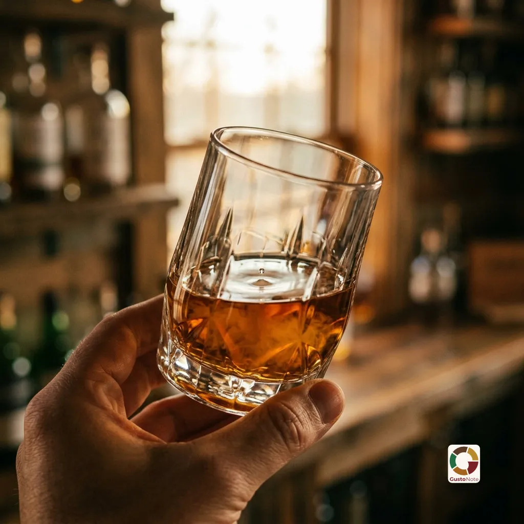 A glass of whisky held up to the light