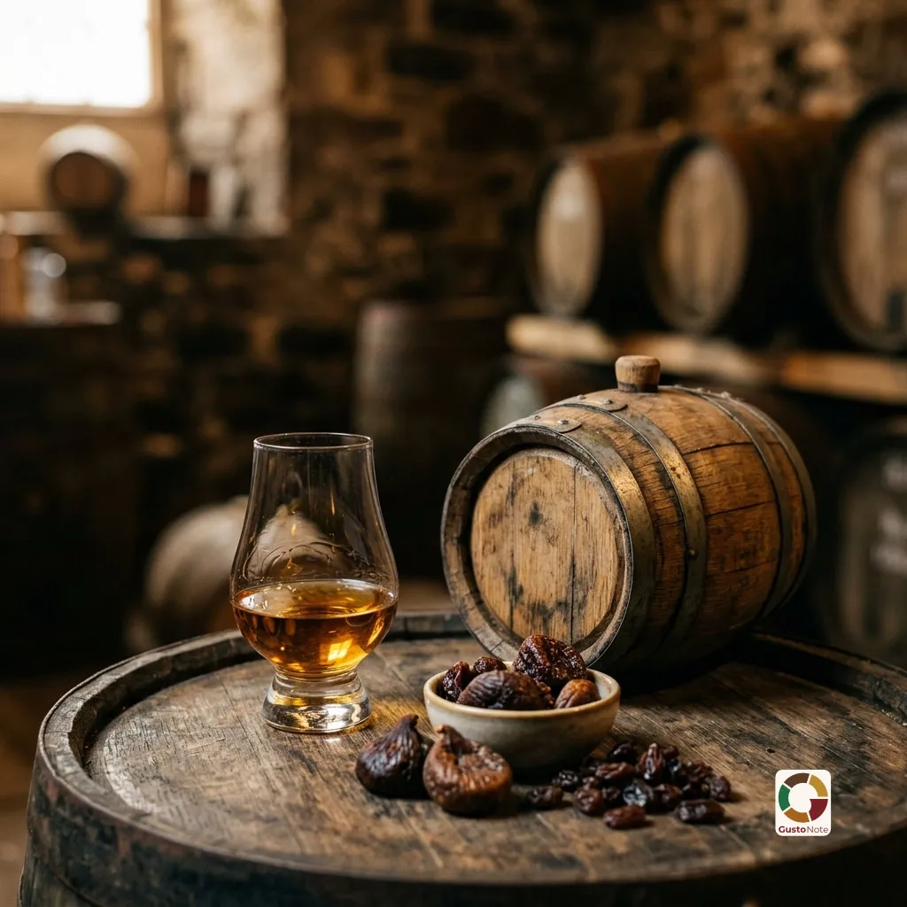 A glass of whisky beside sherry casks