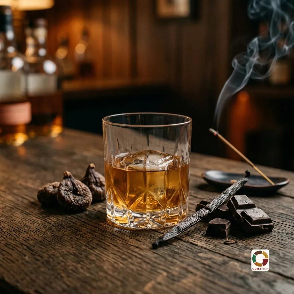 A glass of whisky, a vanilla pod and dried fruit