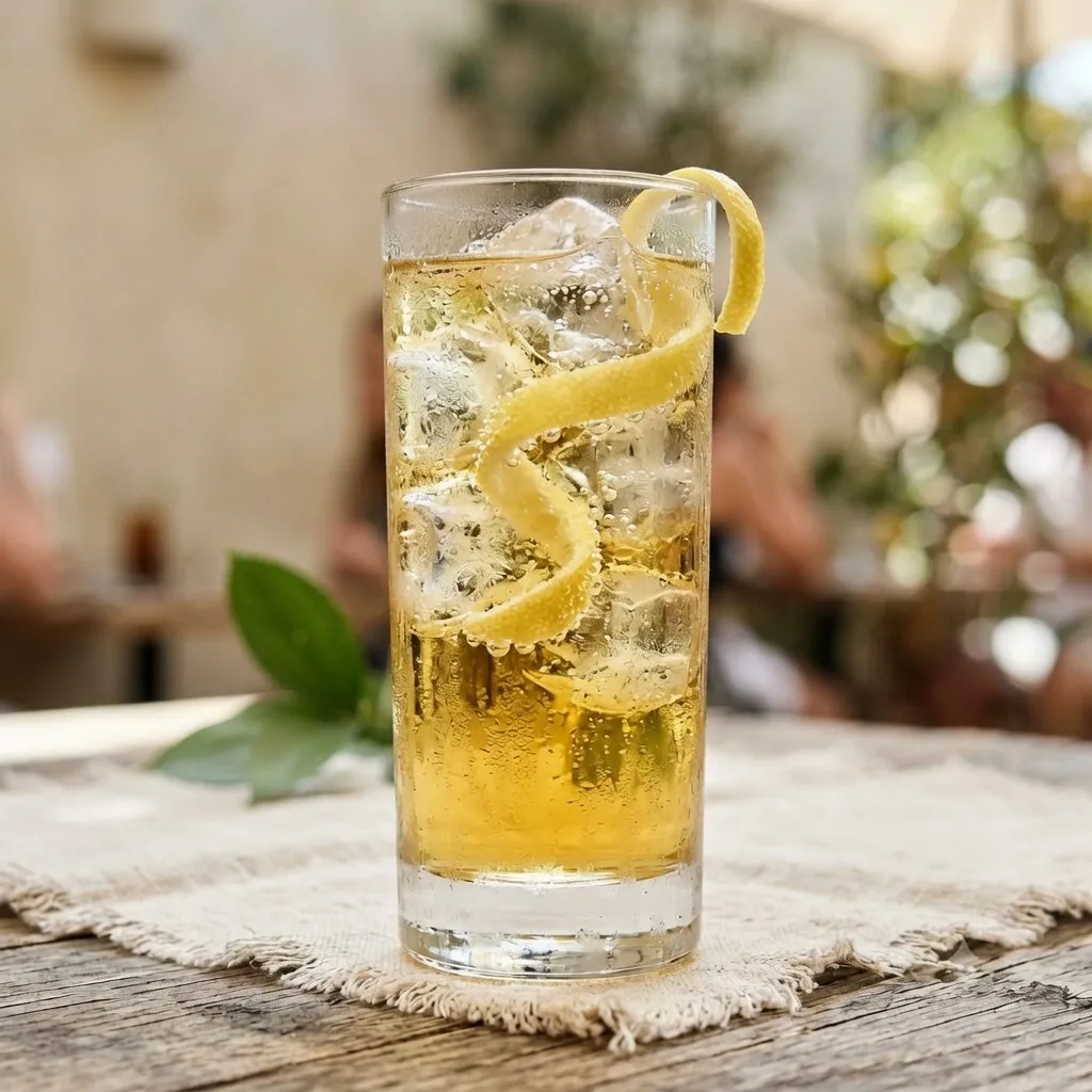 A tall highball glass with whisky, ice and bubbles