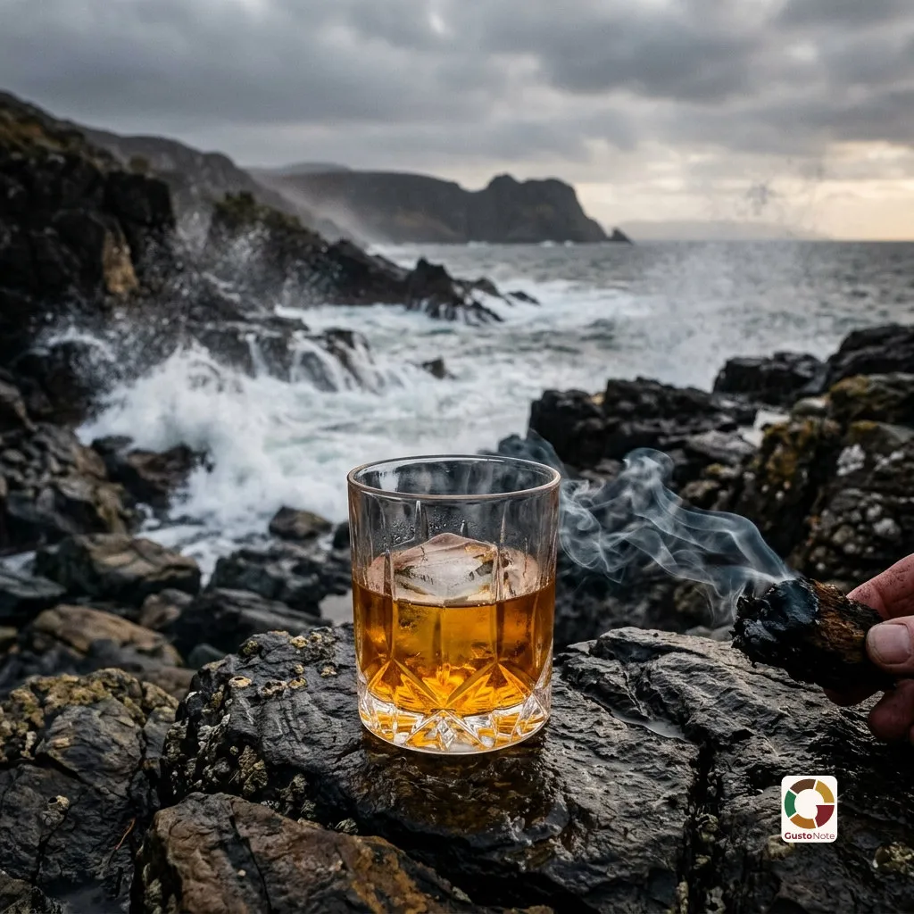A glass of smoky whisky against the sea