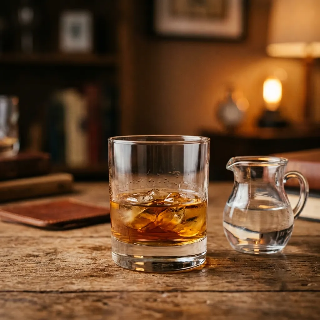 A glass of whisky with a small jug of water beside it