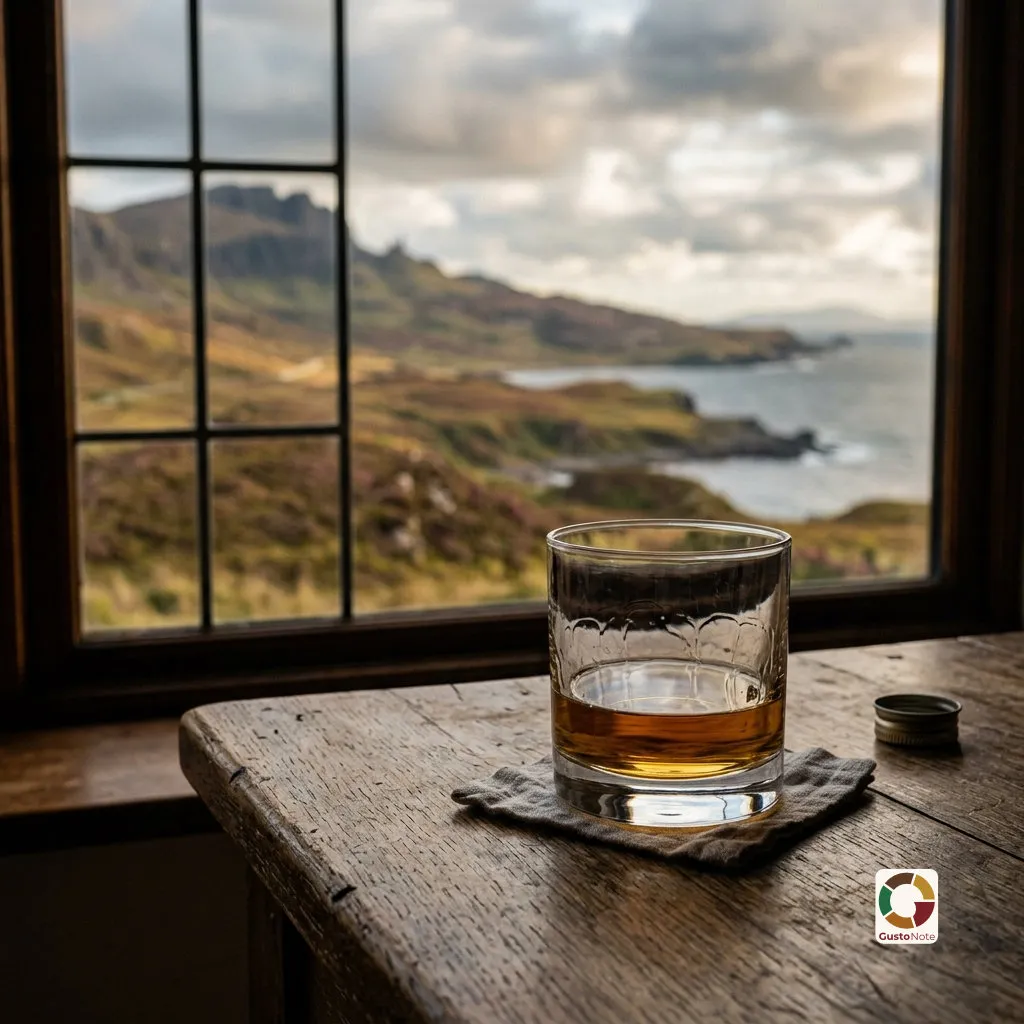A glass of whisky against a Scottish landscape