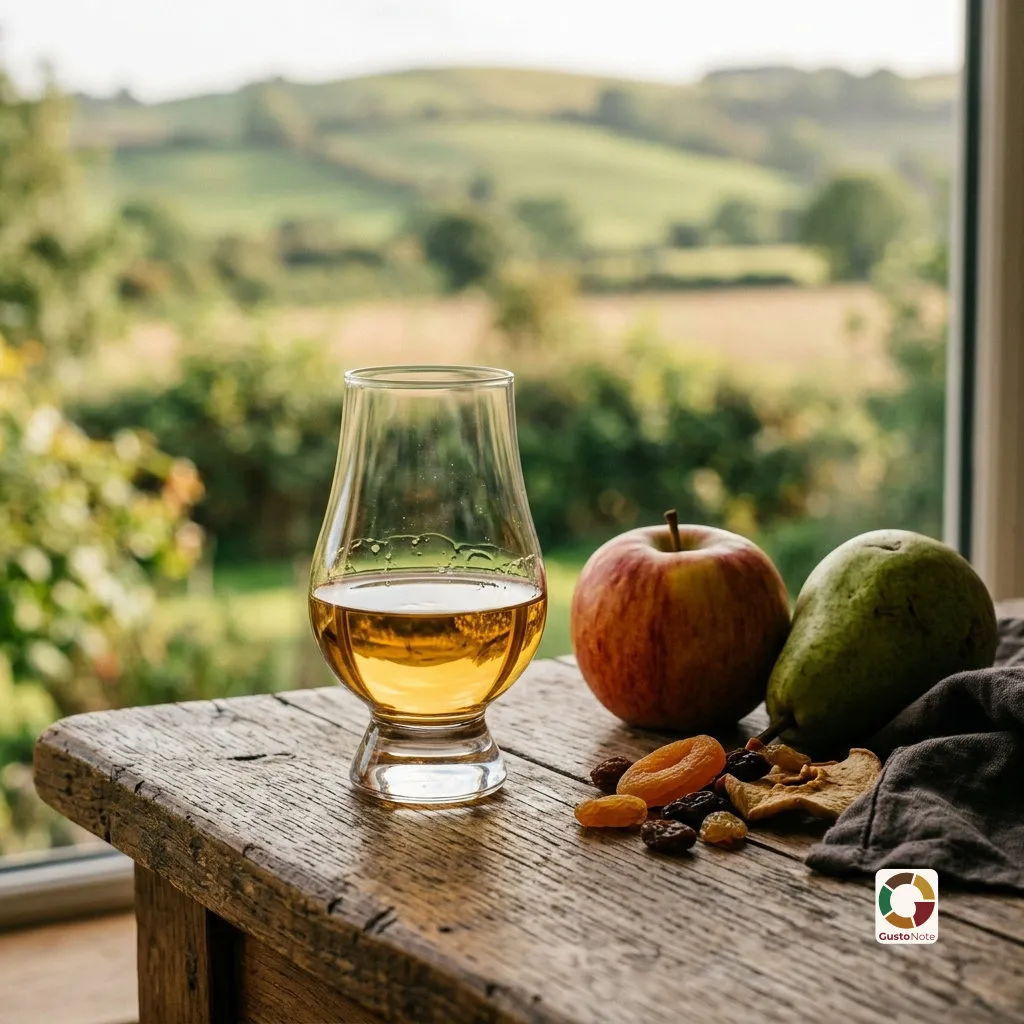 A glass of fruity whisky against gentle hills