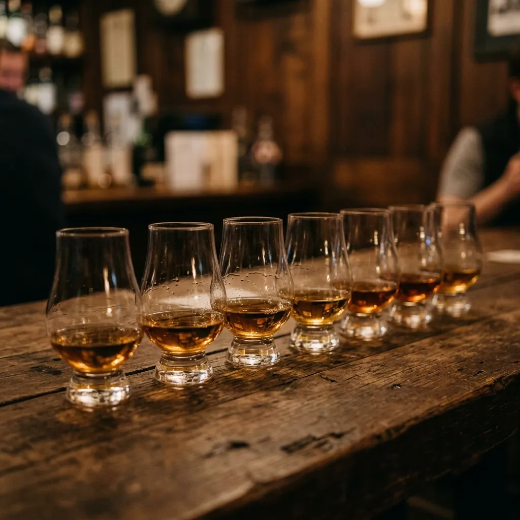 Several glasses of whisky lined up for tasting