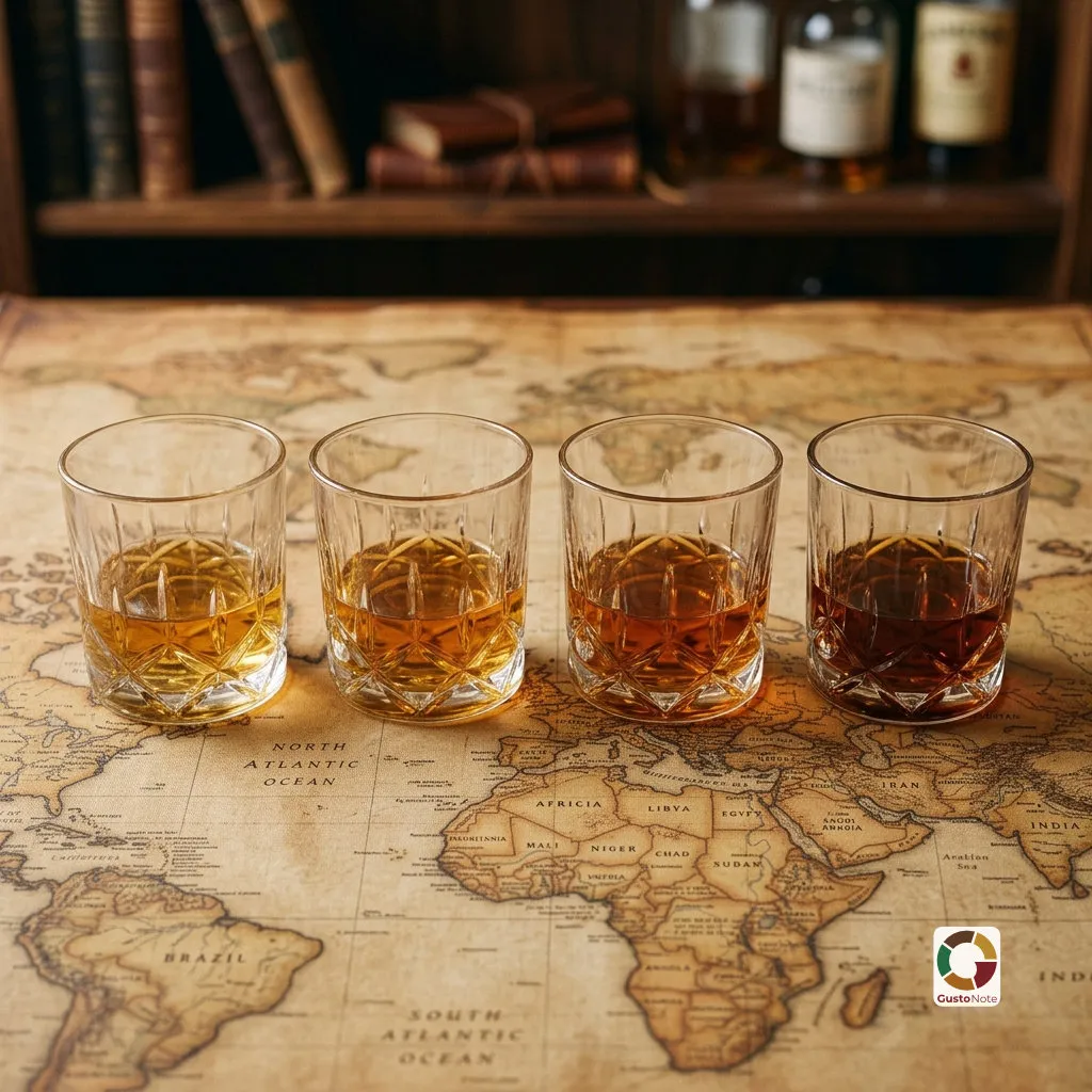 Several glasses of whisky in different shades
