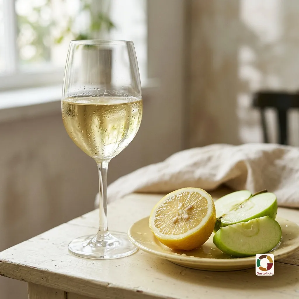 A glass of white wine and a sliced lemon