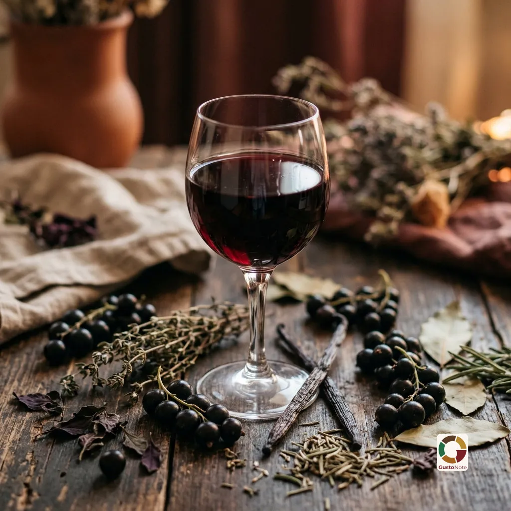 A glass of red wine and a bowl of fruit