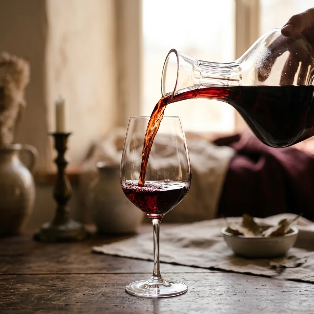 A decanter and a glass of red wine on a table
