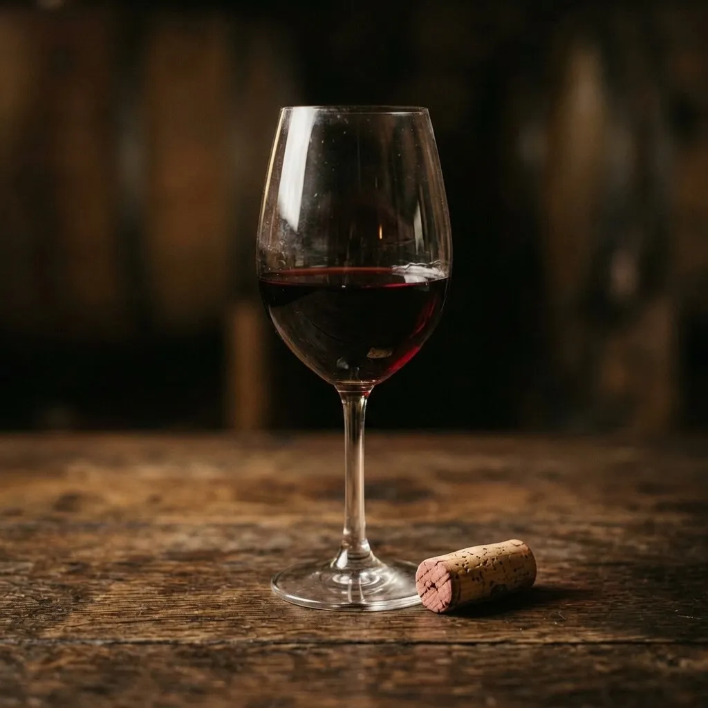 A glass of red wine held to the light, checking colour and clarity