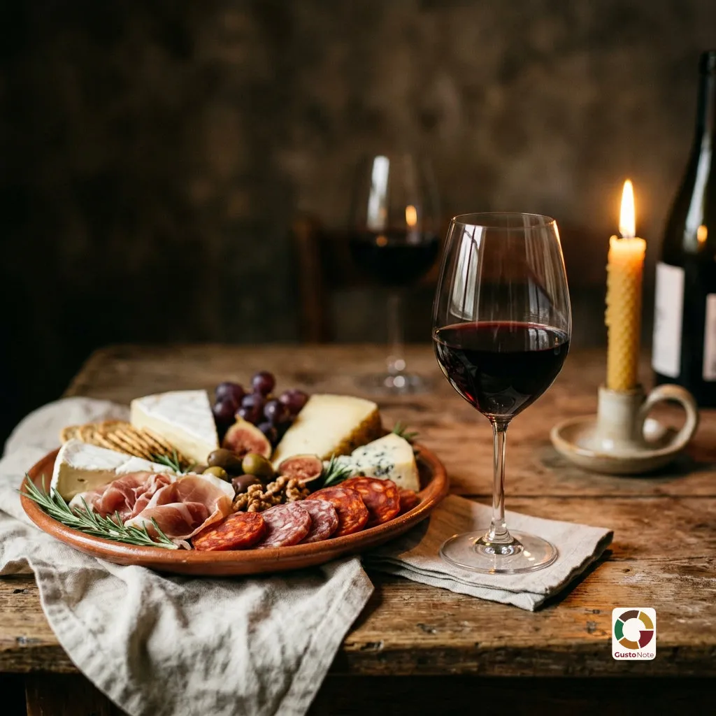 A glass of red wine next to a plate of food