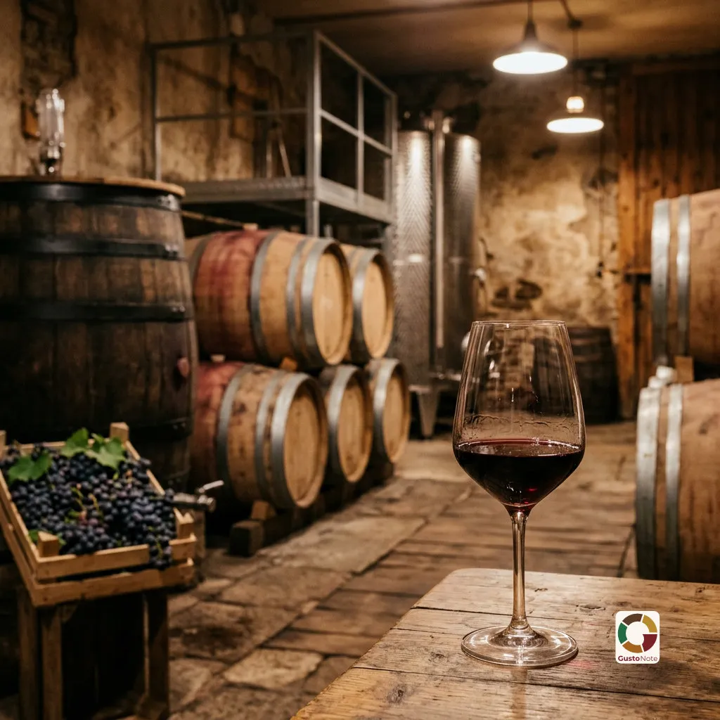 Grapes and fermentation tanks in a winery