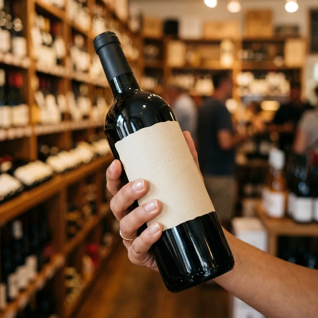 Close-up of a wine bottle label on a shop shelf