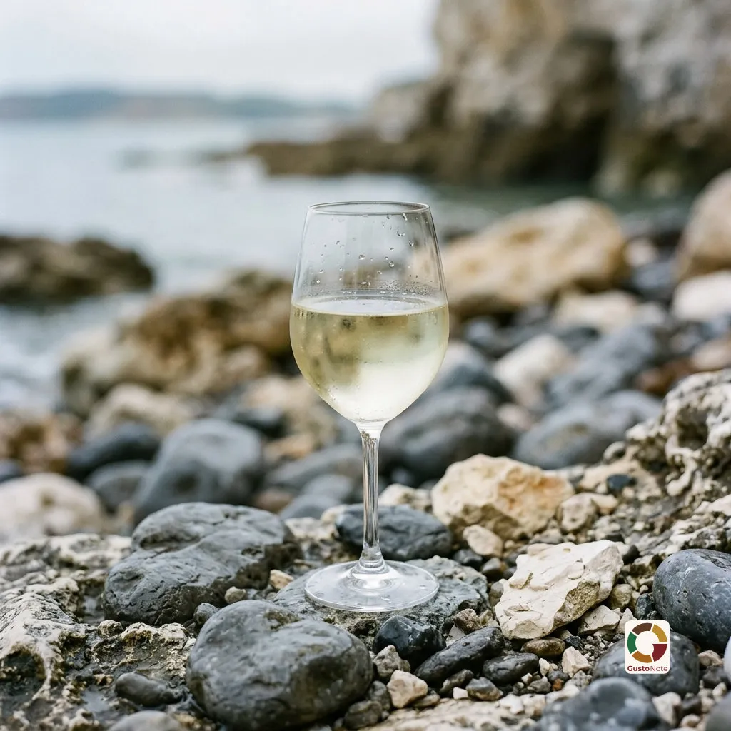 A glass of white wine and wet stones