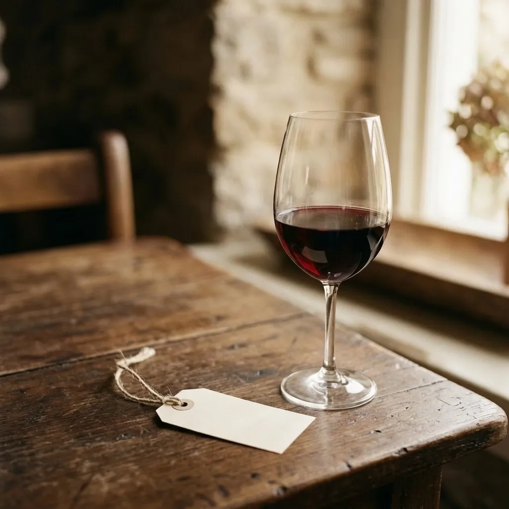 A glass of wine next to a price tag