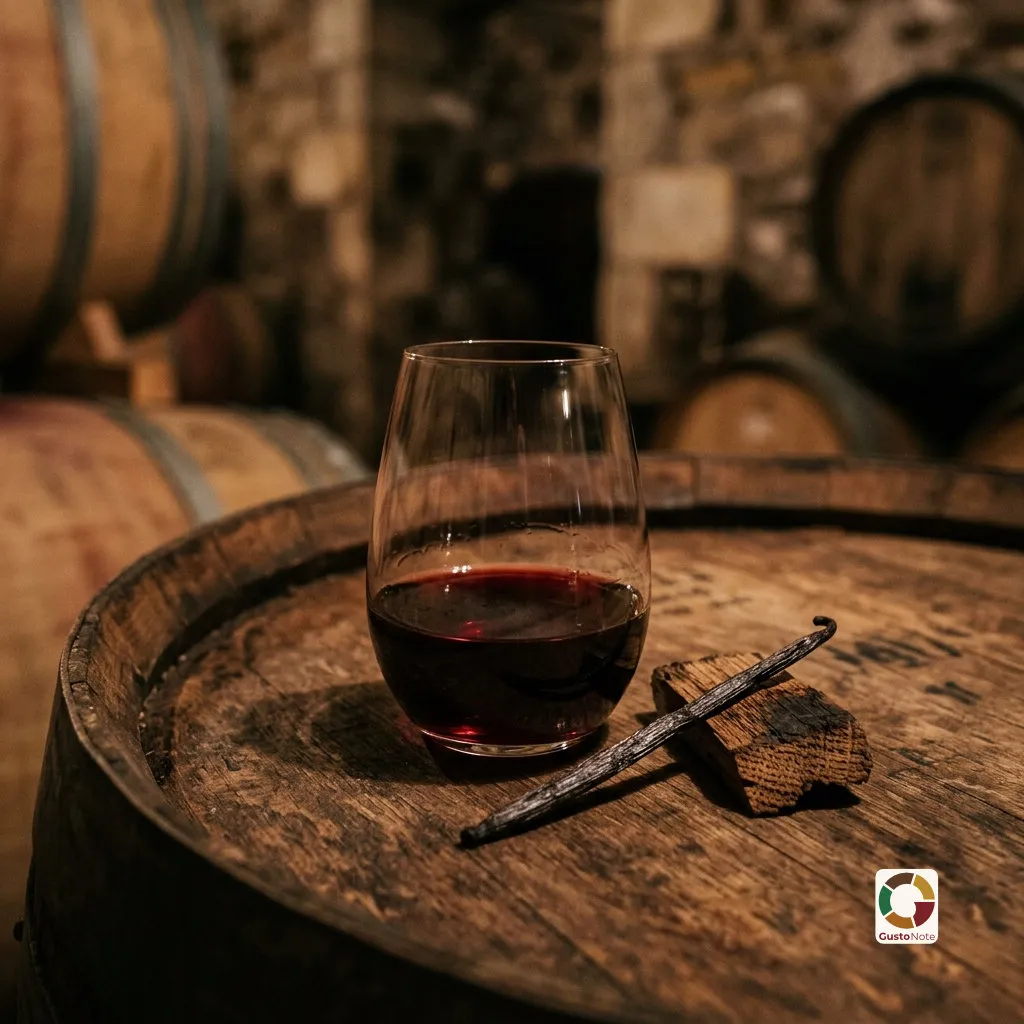 A glass of red wine beside an oak barrel