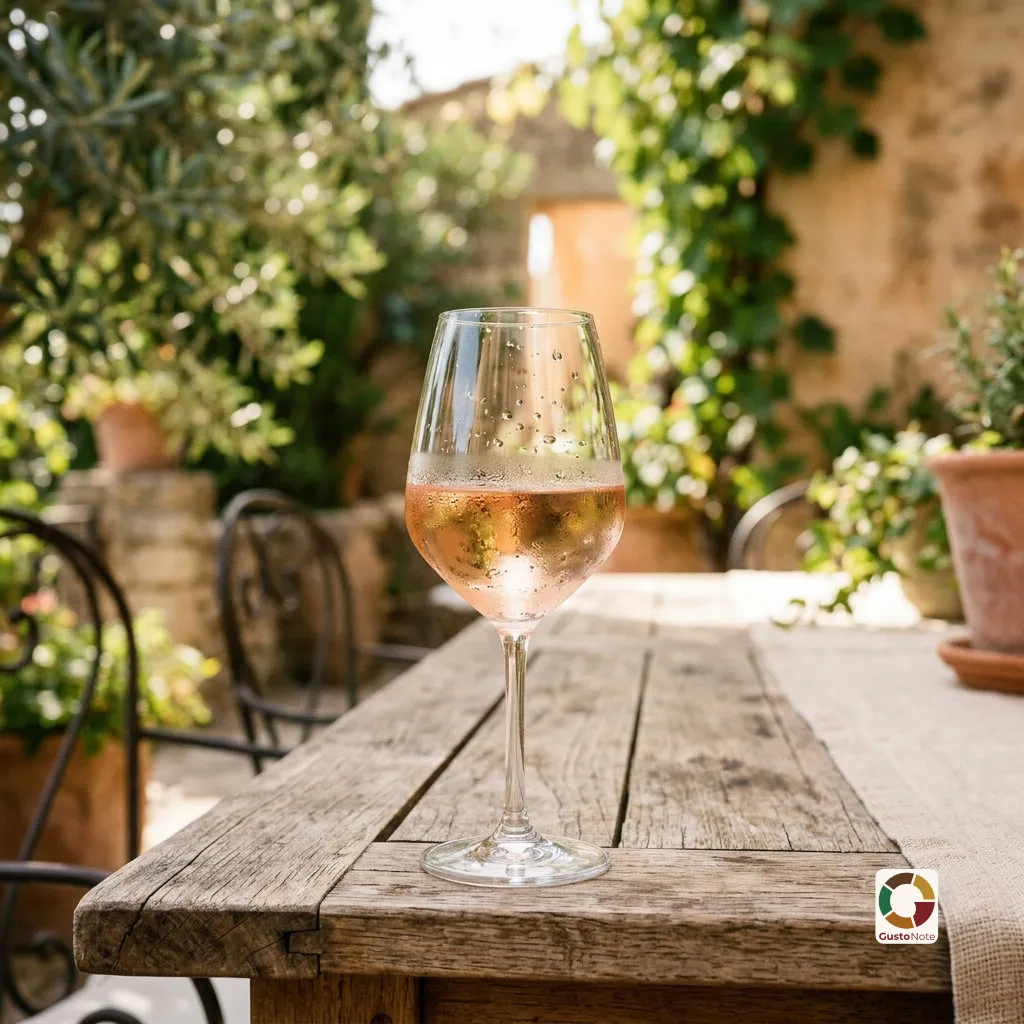 A chilled glass of white wine on a sunny terrace