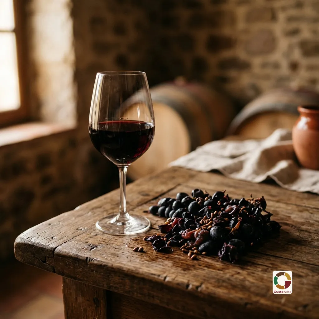 A glass of red wine and grape skins