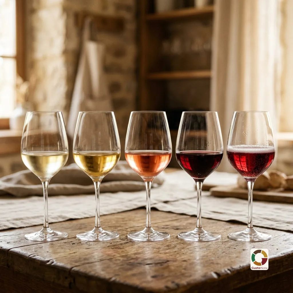 Glasses of wine in different colours in a row