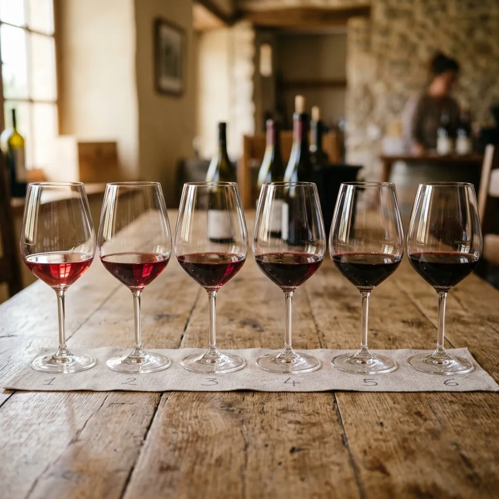 Several glasses of wine lined up for comparison